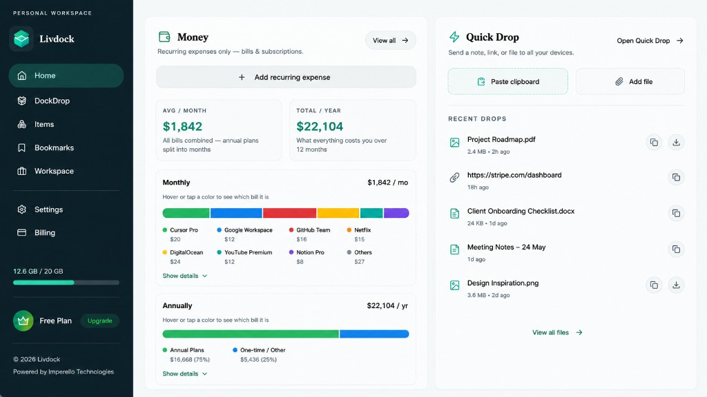 Livdock Home: Money recurring expenses and Quick Drop across your devices